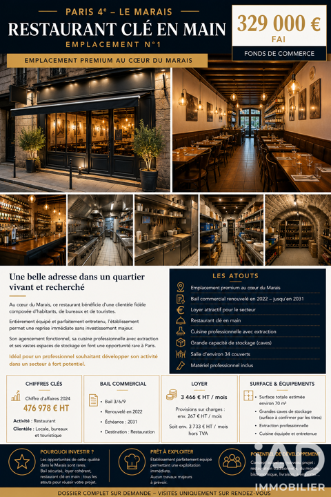Vente Restaurant 70 m&sup2; 329000 75004 Paris