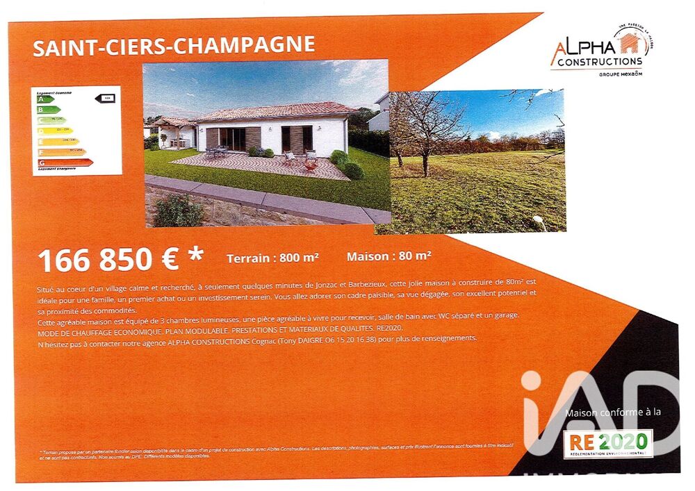 Vente Terrain Vente Terrain à bâtir 800 m&sup2; Saint-ciers-champagne