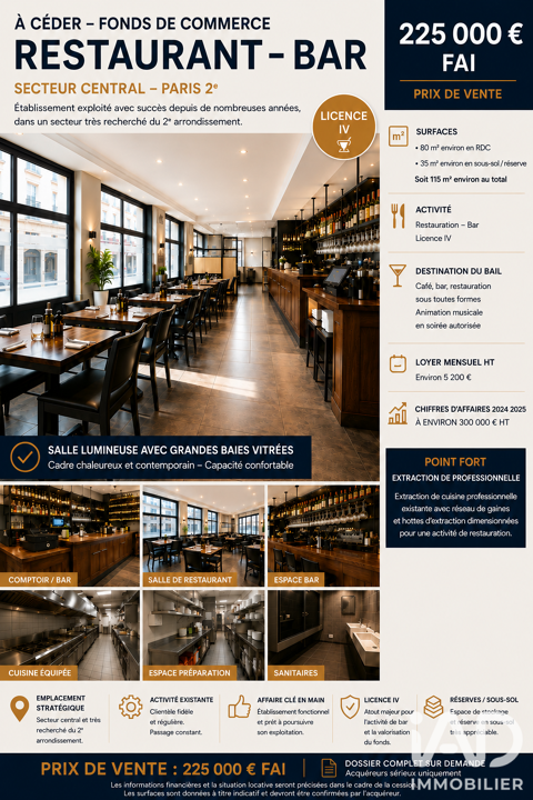 Vente Restaurant 116 m&sup2; 225000 75002 Paris
