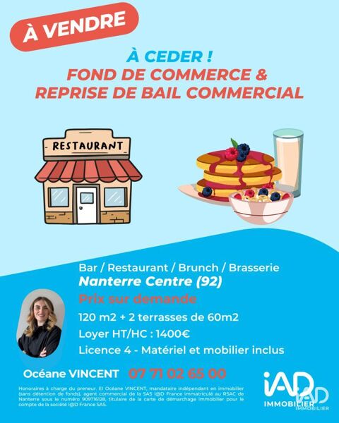 Vente Restaurant 120 m&sup2; 195000 92000 Nanterre