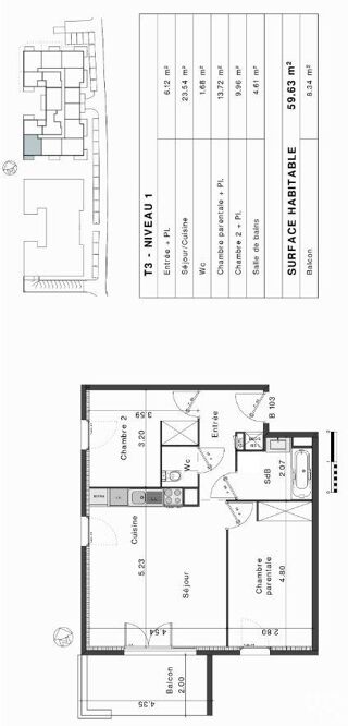  Appartement � vendre 3 pi�ces 60 m�