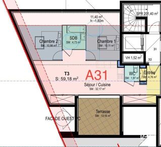  Appartement � vendre 3 pi�ces 59 m�