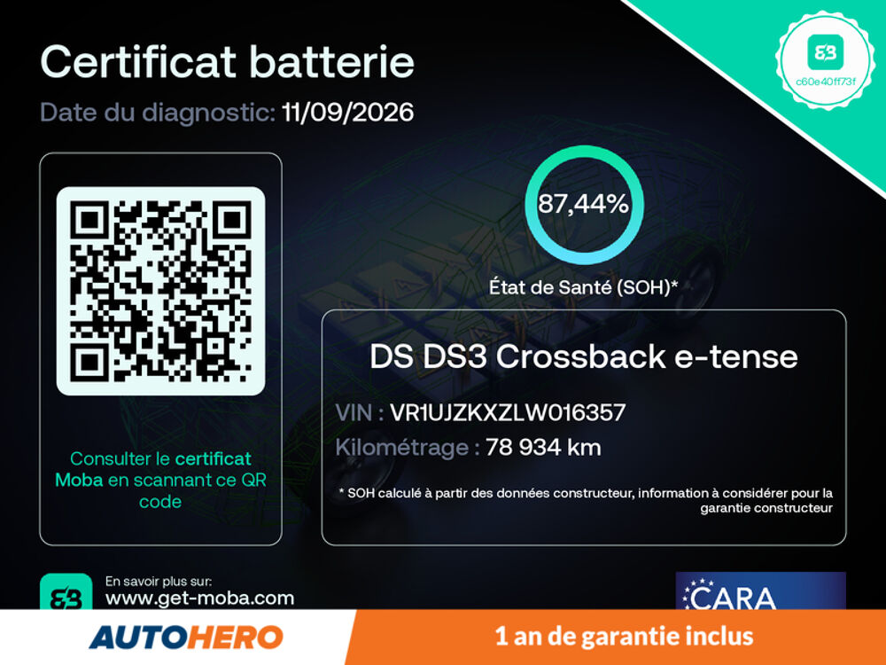 DS3 E-Tense 50 kWh Performance Line + Automatique 136 ch 2020 occasion 92130 Issy-les-Moulineaux