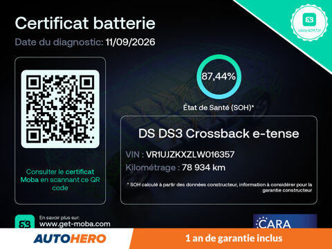 DS3 E-Tense 50 kWh Performance Line + Automatique 136 ch 2020 occasion 92130 Issy-les-Moulineaux
