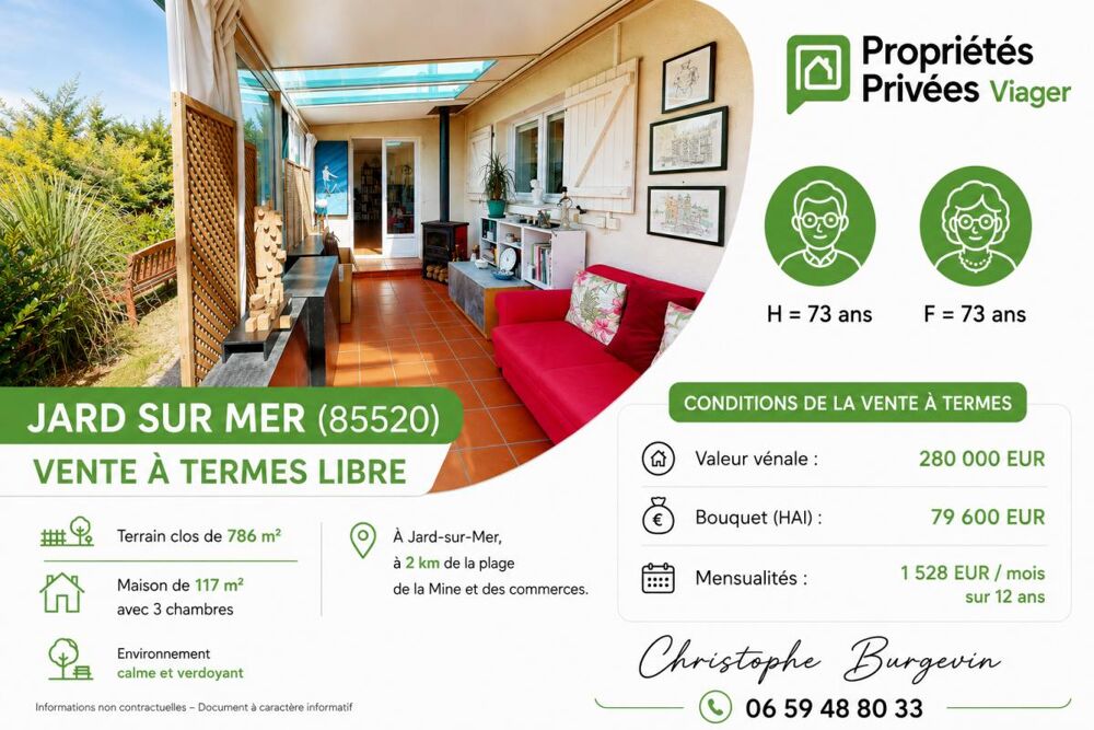 Vente Maison A vendre Jard sur mer 85520 .Maison en vente à termes libre 117 m2 Jard sur mer
