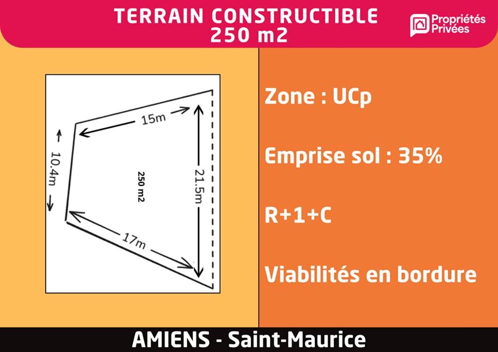 Vente Terrain Terrain constructible 250 m2 -  Amiens Saint-Maurice Amiens