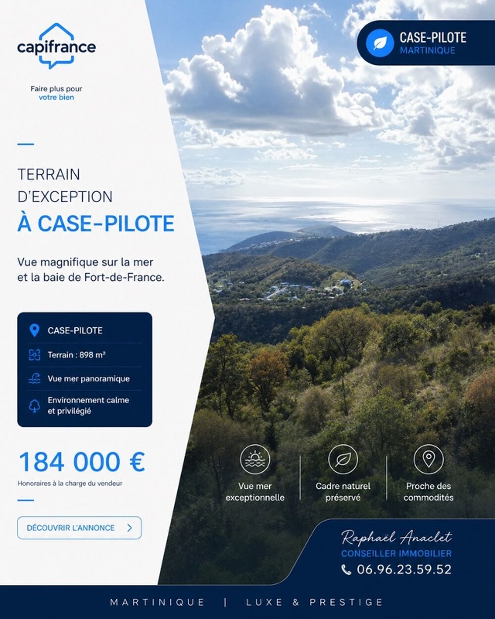 Vente Terrain Dpt Martinique (972), à vendre CASE PILOTE terrain de 898 m2 Vue Mer ! Case pilote