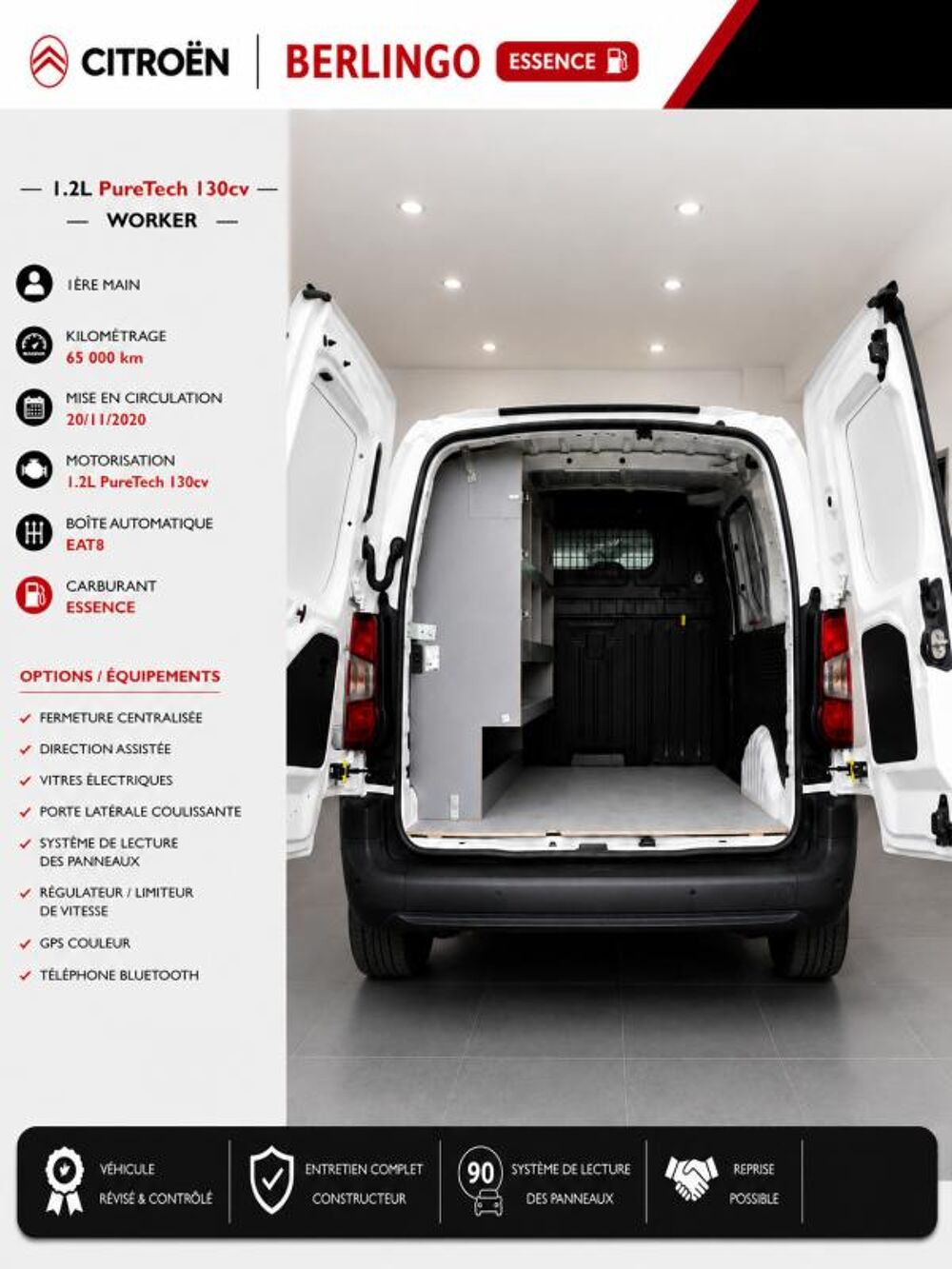 Berlingo 1&deg; Main / 1.2L PURETECH 130cv BVA EAT8 Version WORKER Clim/L 2021 occasion 60430 Abbecourt