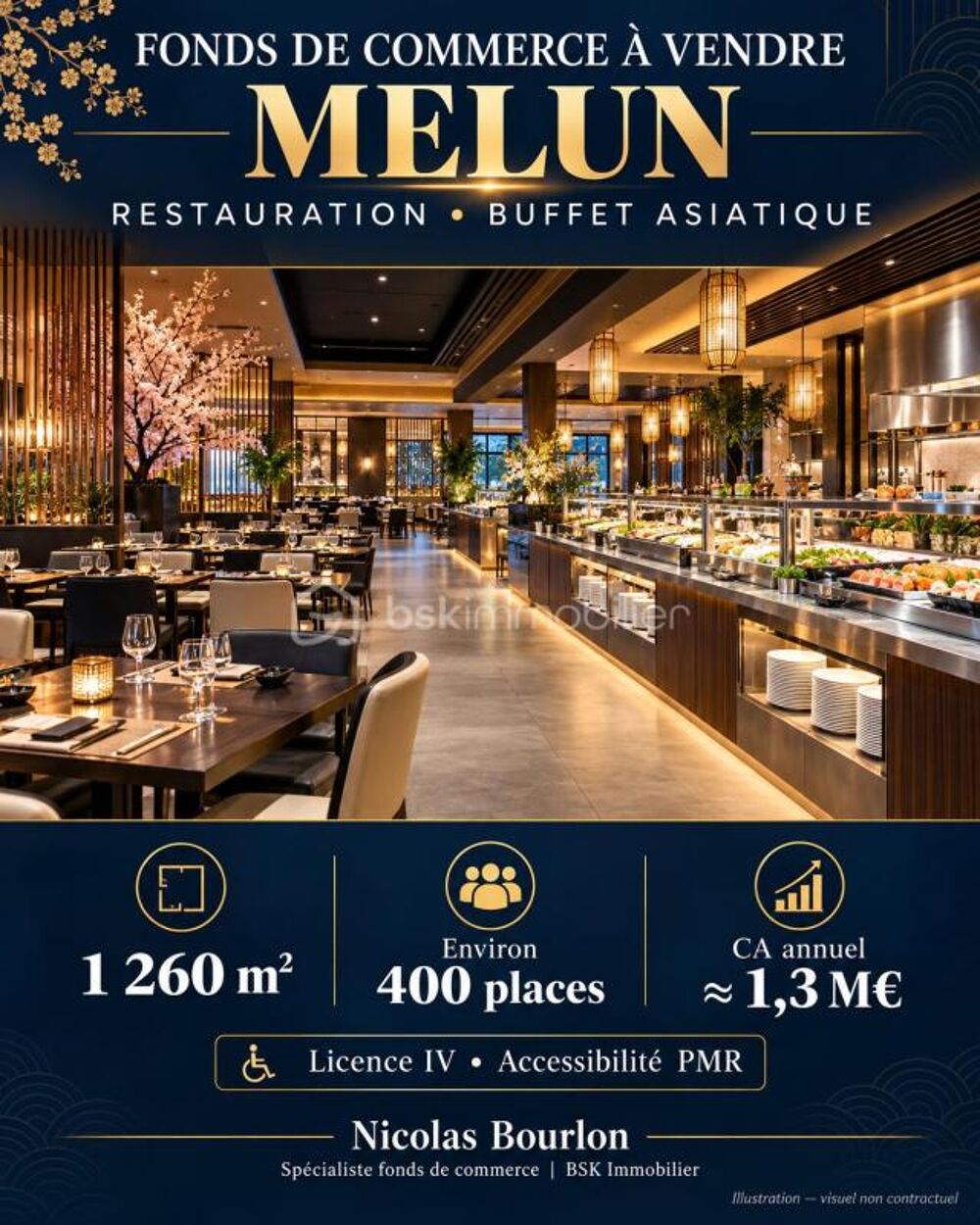   MELUN CENTRE-VILLE - RESTAURANT DE 1 260 M² - ENVIRON 400 PLACES - LICENCE IV - CA ANNUEL AUTOUR DE 1,3 M€ 