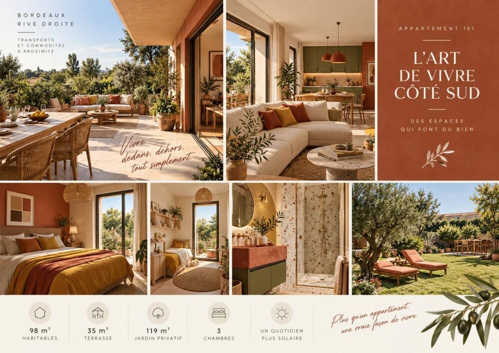 Vente Appartement 3 chambres. 35 m² de terrasse. 119 m² de jardin. On vous laisse compter les raisons Bordeaux