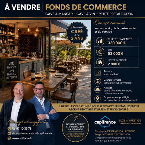 Fonds de commerce &agrave; vendre SAINT JEAN DE LUZ (64) 275600 64500 Saint jean de luz