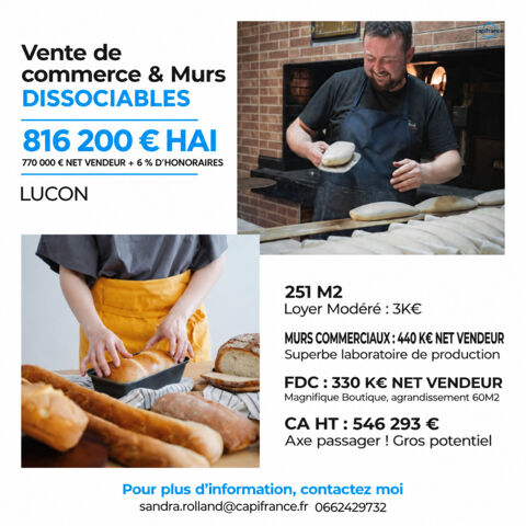   BOULANGERIE PATISSERIE -  LUCON (85)_ BELLES PRESTATIONS + BONNE RENTABILITE + VENTE MURS POSSIBLE 