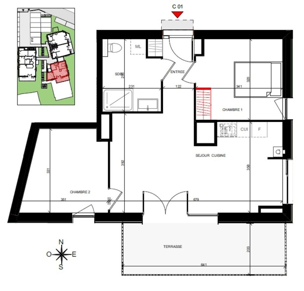 appartement T3 neuf à vendre ROUEN droite, surface habitable 55.29 m2 + terrasse 13.36 m2 + park