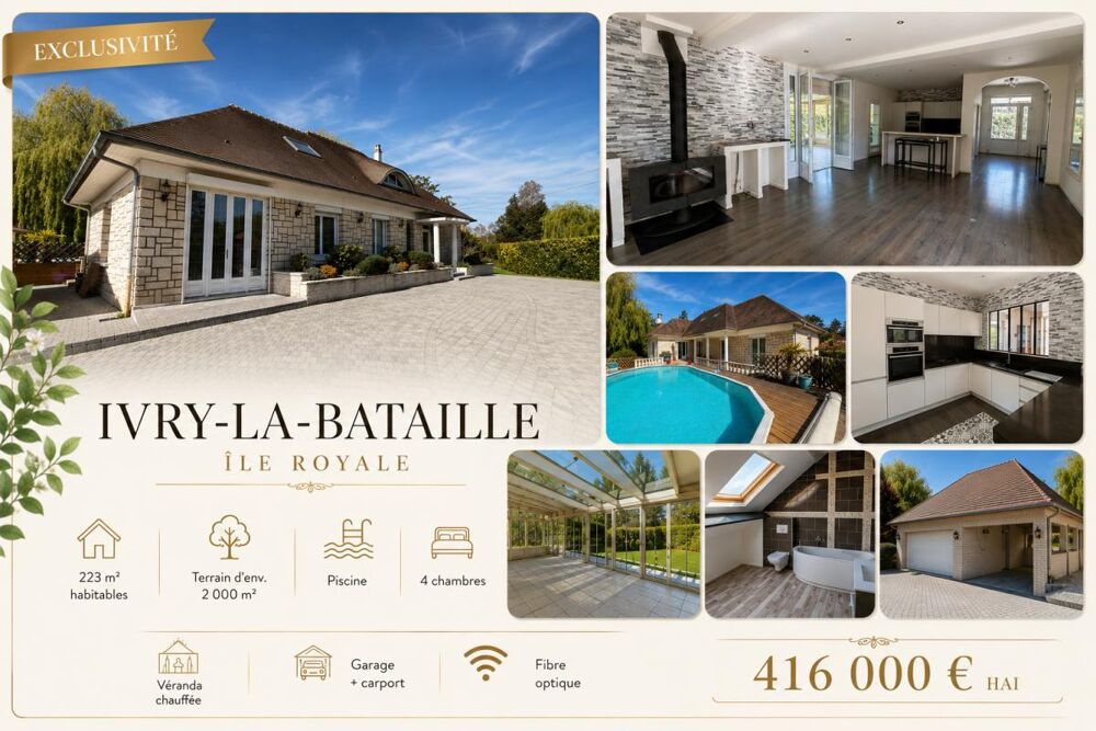 IVRY LA BATAILLE 27540 Maison individuelle avec véranda chauffée - 1 étage - 4 chambres - Double garage - Quart port - Piscine H