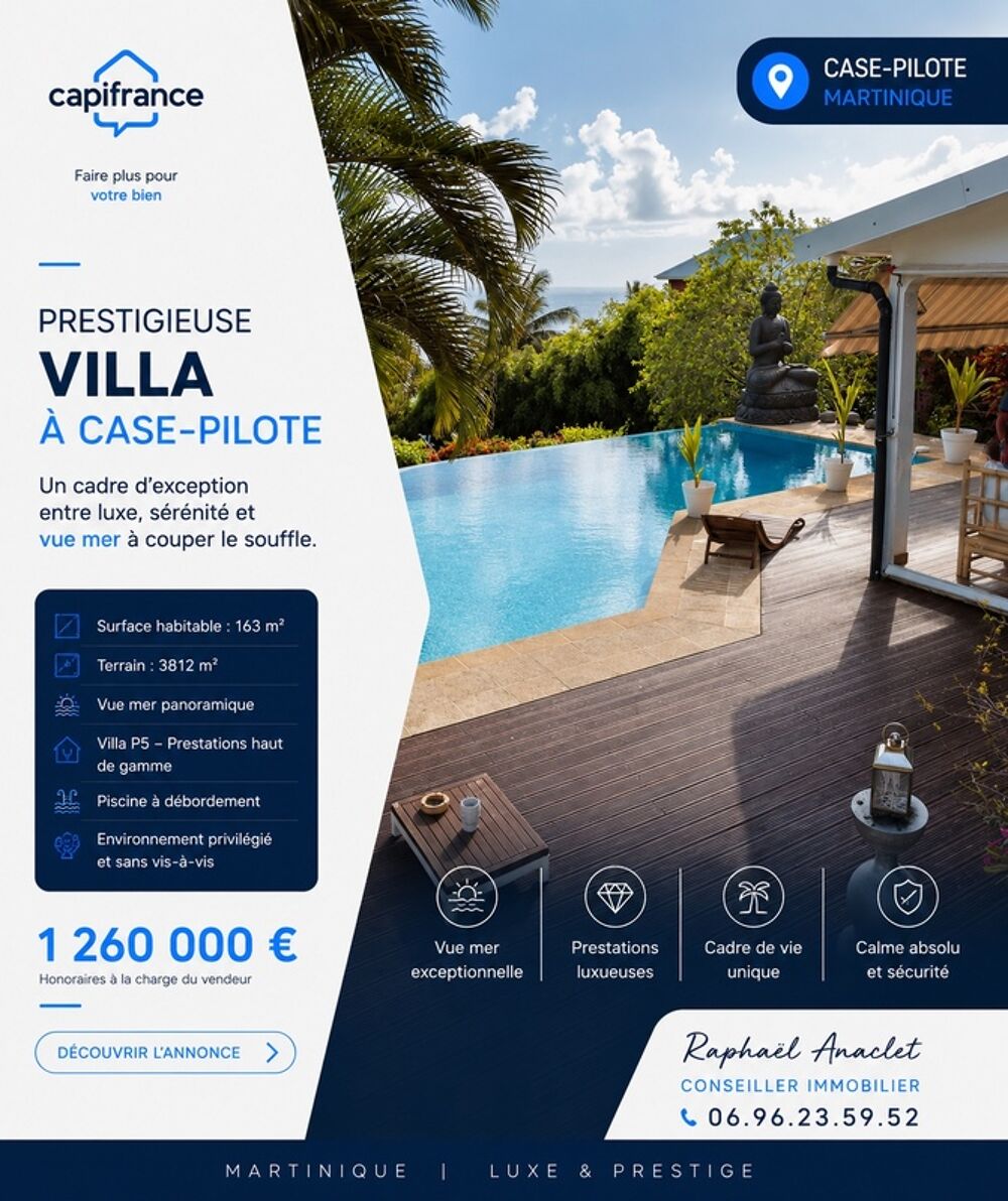 Vente Maison ?COUP DE CŒUR? À vendre – Villa contemporaine avec piscine à débordement, vue mer et dépendance locative 97222 CASE-PILOTE Case pilote