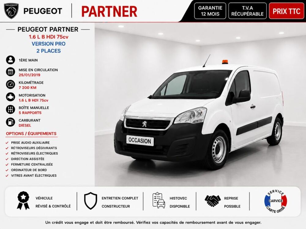 Partner 1&deg; Main / 1.6L B HDI 75cv Pack PRO Seulement 7 200km ! idem 2019 occasion 60430 Abbecourt