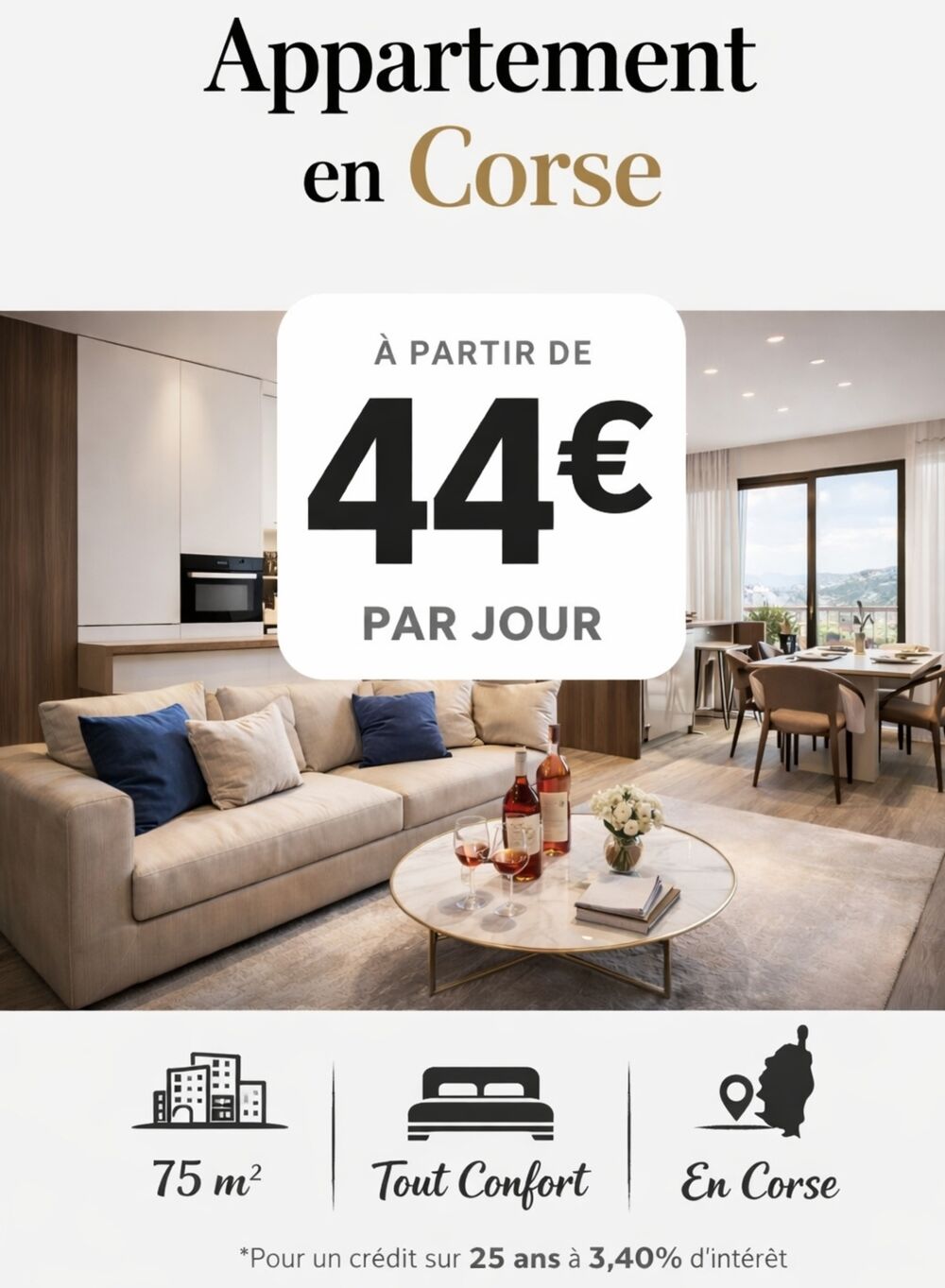 BELGODERE : Trés belle opportunité Appartement atypique Plain-pied 74 M², 3 chambres, Terrasse et Vue Village