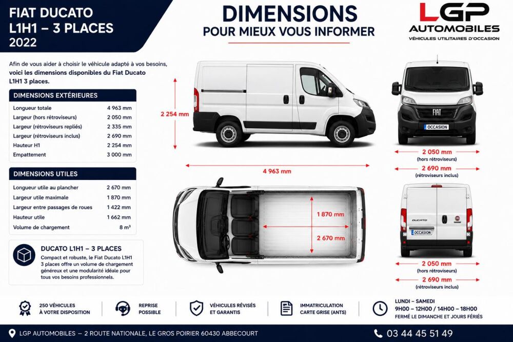 Ducato 2&deg; Main / 2.2L MJT 120cv Pack business L1H1 CLIM/REGUL/LIMIT 2023 occasion 60430 Abbecourt