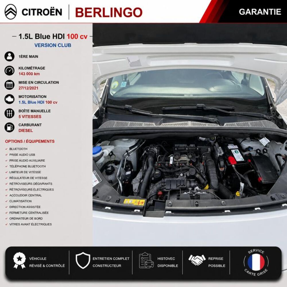 Berlingo 1&deg; Main / 1.5l B HDI 100cv Version Club CLIM/T&eacute;l/R&eacute;gul/Limit 2022 occasion 60430 Abbecourt