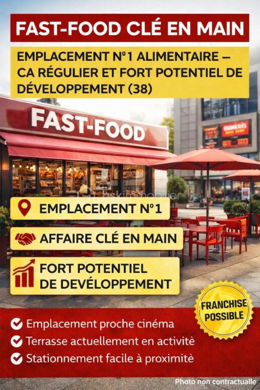   Fast-food clé en main – Emplacement n°1 alimentaire – CA régulier et fort potentiel de développement (38) 