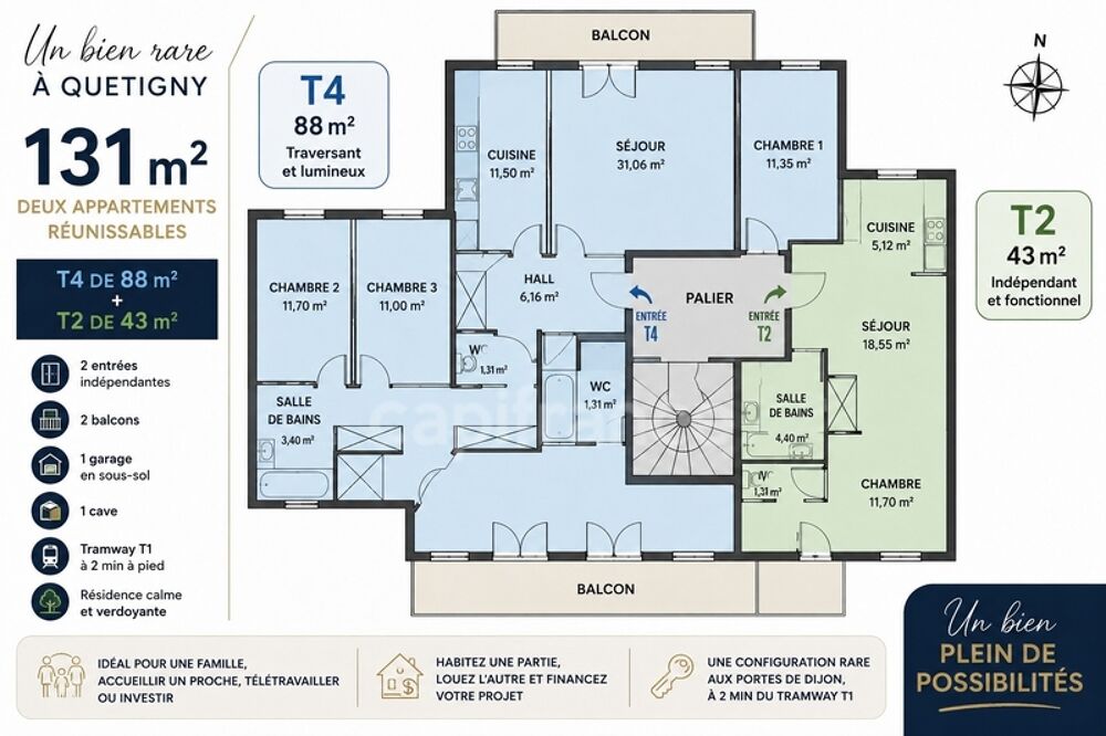 Cote d'Or - Appartement à vendre Quetigny -131 m²  T4 + T2  2 entrées  2 balcons  Garage  Tramway à pied