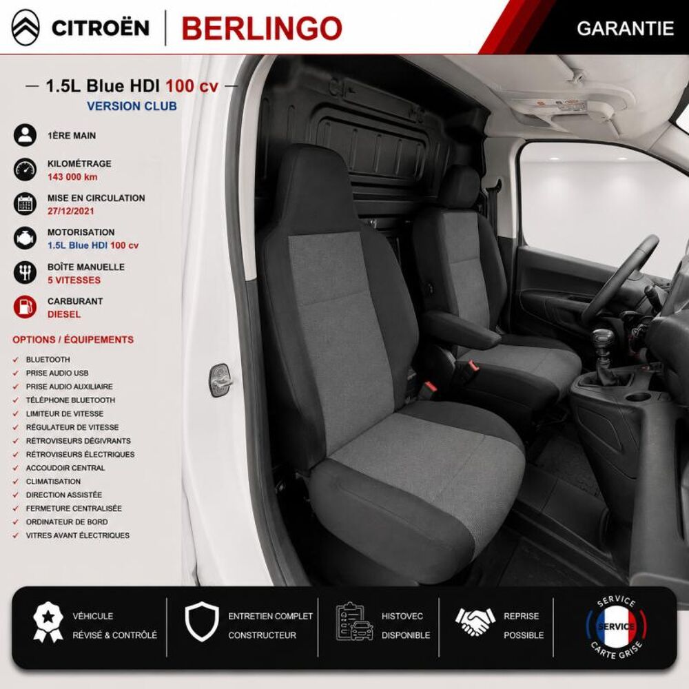 Berlingo 1&deg; Main / 1.5l B HDI 100cv Version Club CLIM/T&eacute;l/R&eacute;gul/Limit 2022 occasion 60430 Abbecourt