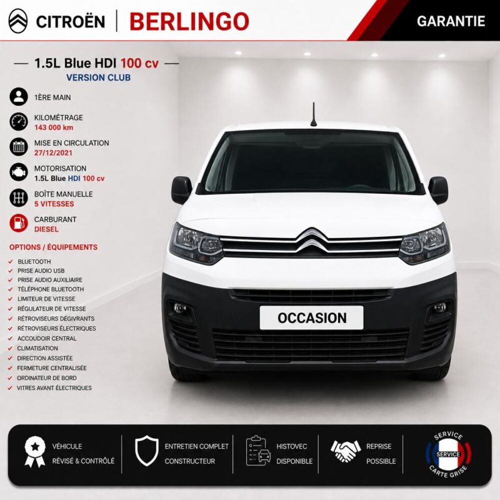 Berlingo 1&deg; Main / 1.5l B HDI 100cv Version Club CLIM/T&eacute;l/R&eacute;gul/Limit 2022 occasion 60430 Abbecourt