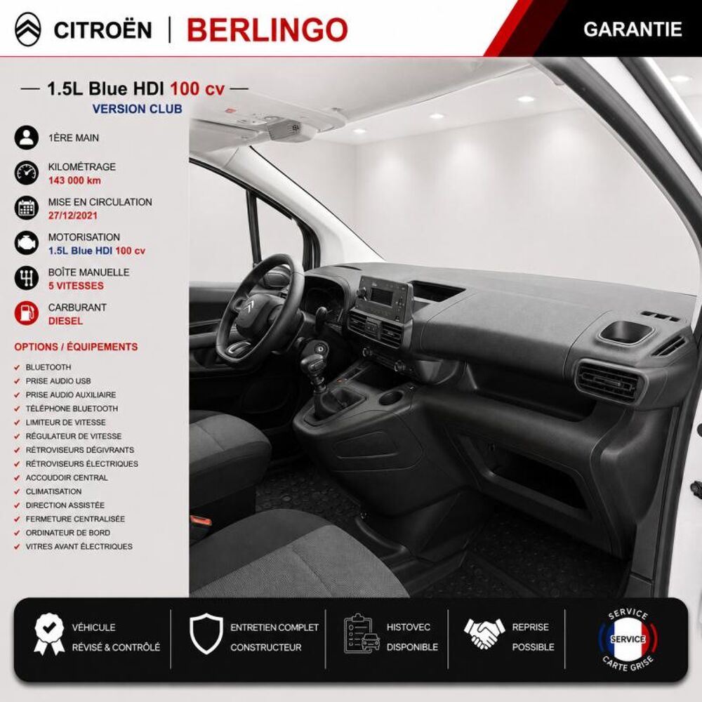 Berlingo 1&deg; Main / 1.5l B HDI 100cv Version Club CLIM/T&eacute;l/R&eacute;gul/Limit 2022 occasion 60430 Abbecourt