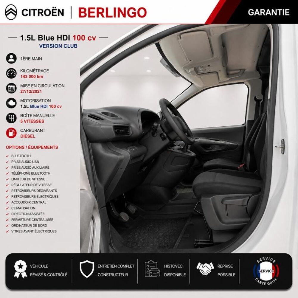 Berlingo 1&deg; Main / 1.5l B HDI 100cv Version Club CLIM/T&eacute;l/R&eacute;gul/Limit 2022 occasion 60430 Abbecourt