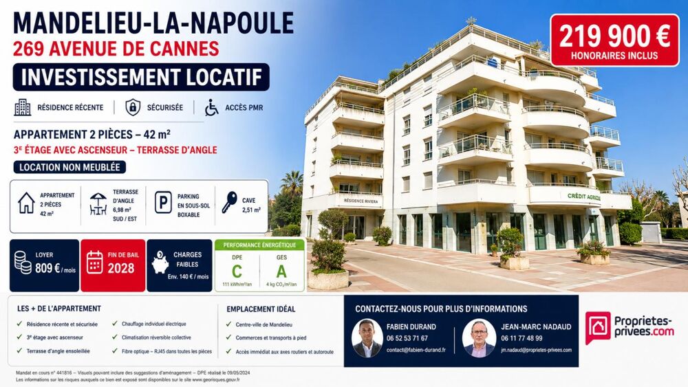 Appartement Loué à Mandelieu La Napoule 2 pièce(s) 42 m2