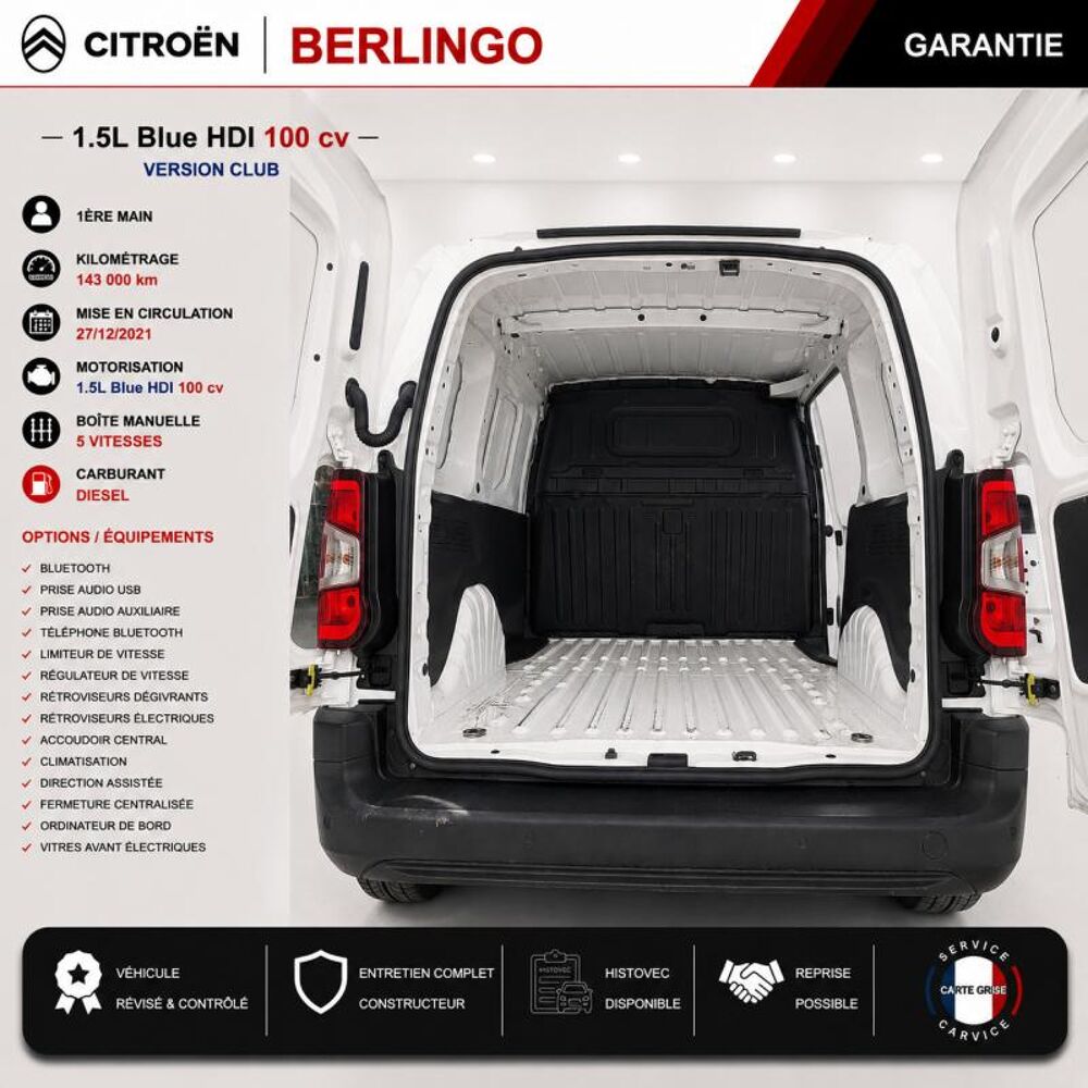 Berlingo 1&deg; Main / 1.5l B HDI 100cv Version Club CLIM/T&eacute;l/R&eacute;gul/Limit 2022 occasion 60430 Abbecourt