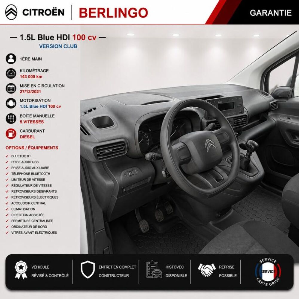 Berlingo 1&deg; Main / 1.5l B HDI 100cv Version Club CLIM/T&eacute;l/R&eacute;gul/Limit 2022 occasion 60430 Abbecourt