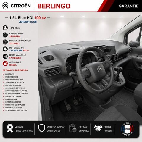 Berlingo 1&deg; Main / 1.5l B HDI 100cv Version Club CLIM/T&eacute;l/R&eacute;gul/Limit 2022 occasion 60430 Abbecourt