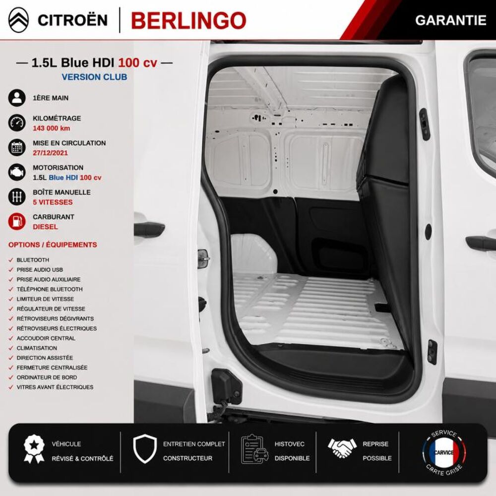 Berlingo 1&deg; Main / 1.5l B HDI 100cv Version Club CLIM/T&eacute;l/R&eacute;gul/Limit 2022 occasion 60430 Abbecourt