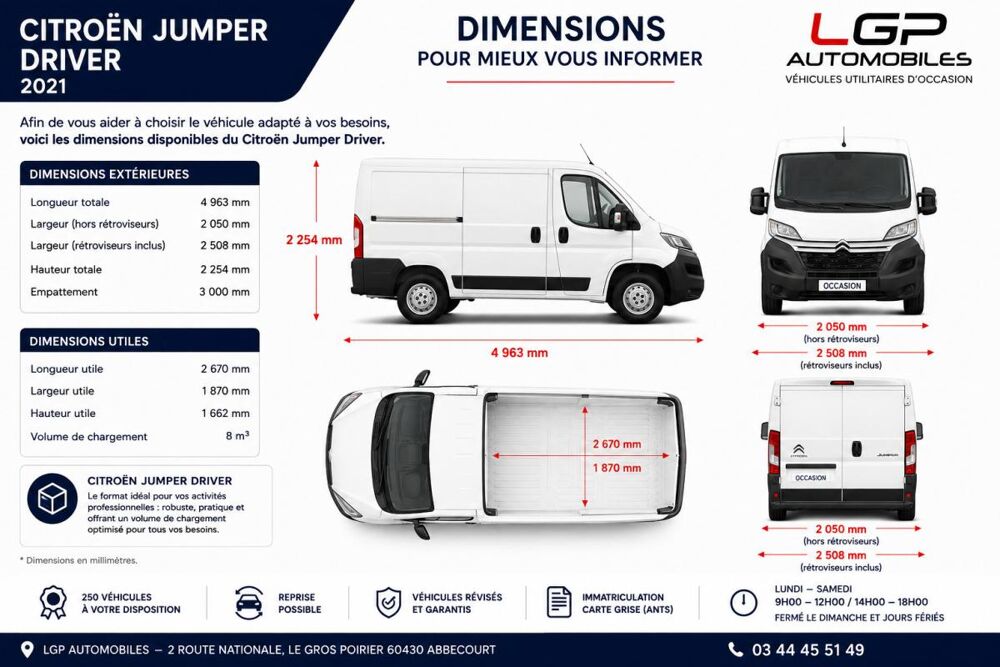 Jumper 1&deg; Main / 2.2L B HDI 120cv Pack DRIVER L1H1 CLIM/REGUL/LIMIT 2022 occasion 60430 Abbecourt