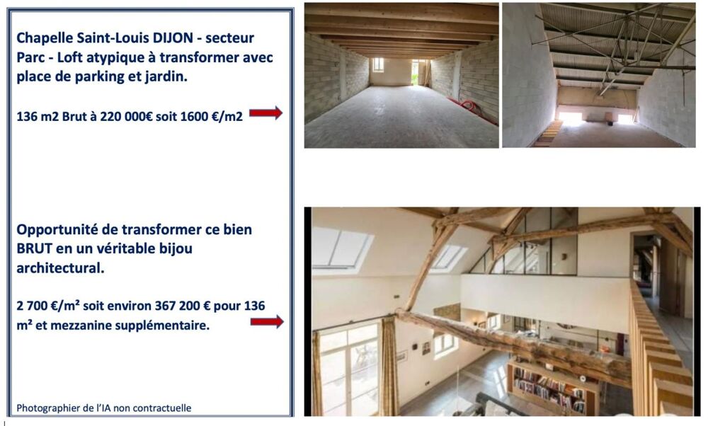 Vente Immeuble Plateau Loft atypique avec hauteur cathédrale à transformer, Possibilité PMR, avec place de parking et jardin privatif. La Chape Dijon