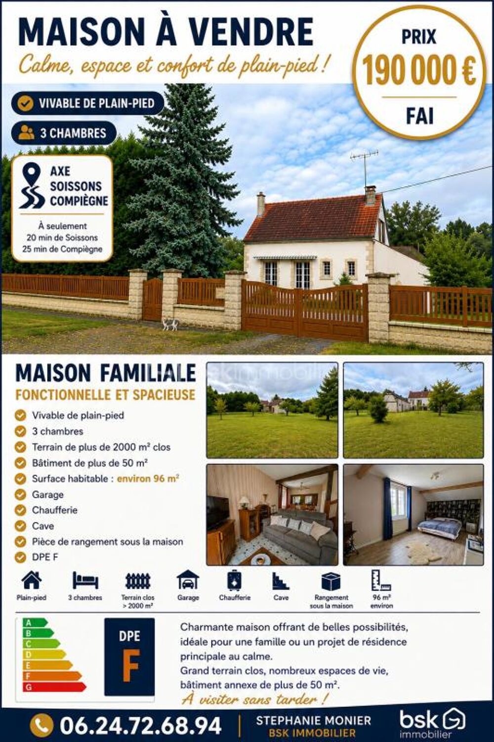 Maison 95 M2 vivable de plain-pied + dépendances sur terrain de plus de 25à0M2 clos 1 h Charles de Gaulle
