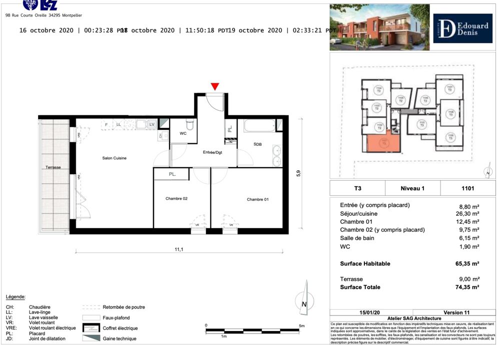 Location Appartement Dpt Hérault (34), à louer MONTPELLIER appartement T3 d'envieon 65 m² avec terrasse de 8m² Montpellier