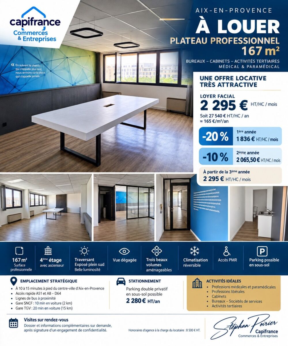   PLATEAU DE BUREAUX 167 M² À LOUER – AIX-EN-PROVENCE Proximité centre-ville – Immeuble tertiaire et médical – Espace lumineux et 