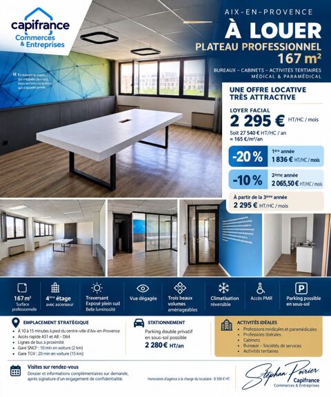 PLATEAU DE BUREAUX 167 M&sup2; &Agrave; LOUER – AIX-EN-PROVENCE Proximit&eacute; centre-ville – Immeuble tertiaire et m&eacute;dical – Espace lumineux et 2295 13100 Aix en provence