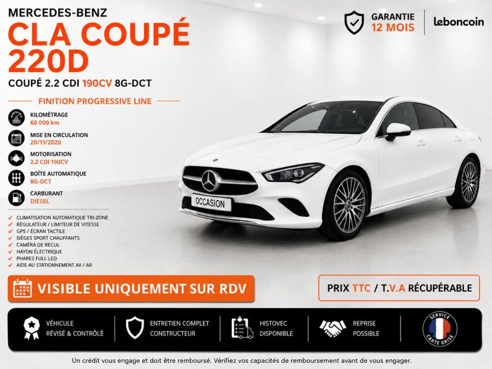 Classe CLA 1&deg; Main / 2L 190cv 8G-DCT - 2021 CUIR/CAMERA/T&eacute;L/GPS ** rare 2021 occasion 60430 Abbecourt