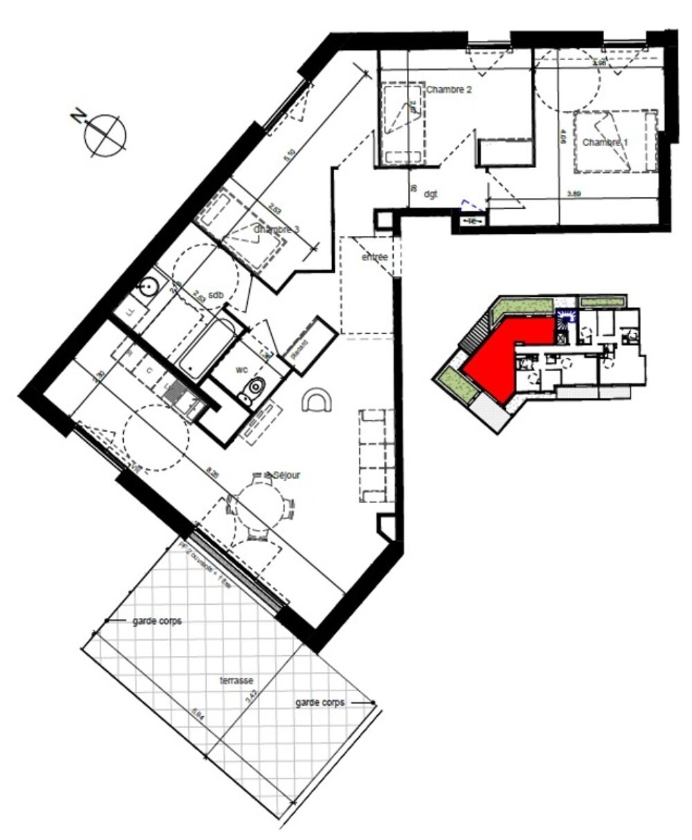 appartement T4 neuf à vendre SOTTEVILLE LES ROUEN (76), surface hab 81.70 m2 + terrasse 20.29 m2 + park
