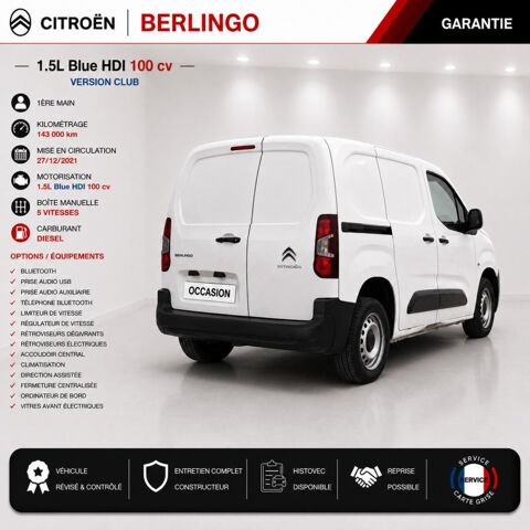 Berlingo 1&deg; Main / 1.5l B HDI 100cv Version Club CLIM/T&eacute;l/R&eacute;gul/Limit 2022 occasion 60430 Abbecourt
