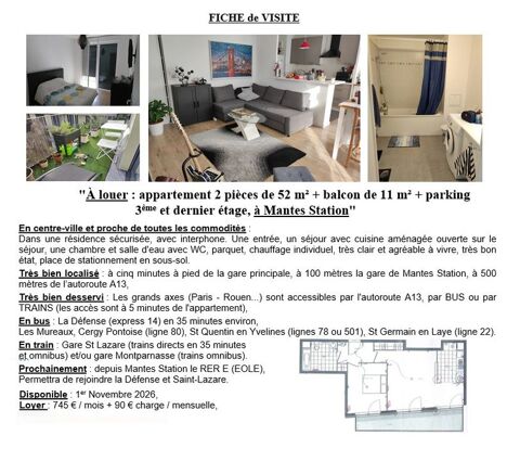   Appartement de 52m2 à louer sur Mantes-la-Jolie Appartement - 2 pièce(s) - 52 m²