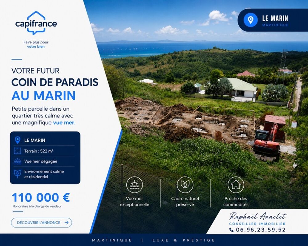 Vente Terrain ? À vendre – Terrain vue mer au Marin (522 m²) Le marin