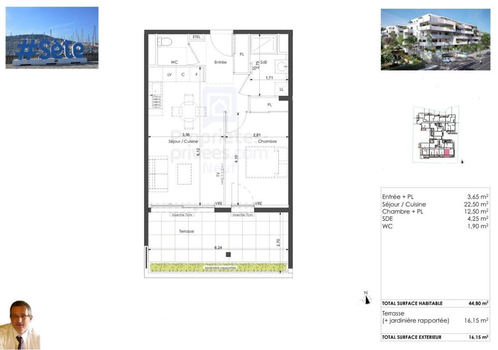 Vente Appartement Corniche de Sète. T2 de standing, Terrasse 16 m² Sud, Bord de Mer Sete