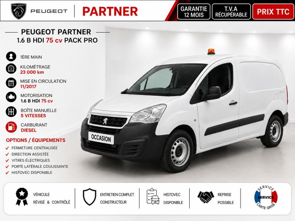 Partner 1&deg; Main / 1.6L B HDI 75cv Pack PRO Seulement 23 000km ! idem 2018 occasion 60430 Abbecourt