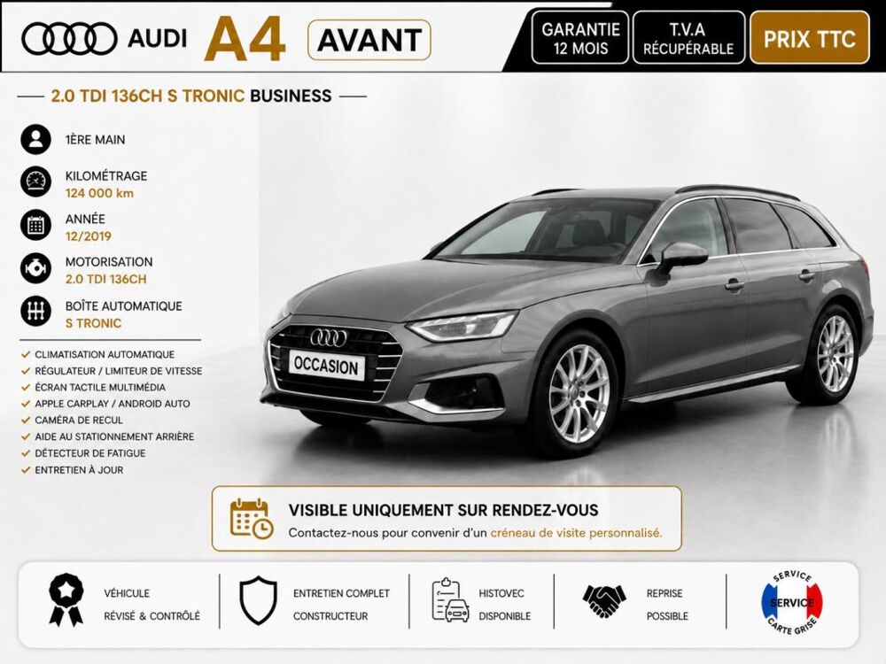 A4 1&deg; Main / 2l TDI 136cv Business Line Mild Hybrid S-Tronic7 B 2020 occasion 60430 Abbecourt