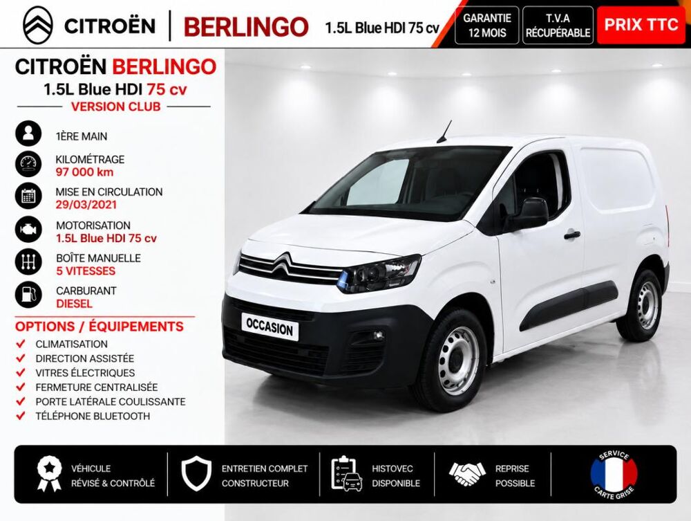 Berlingo 1&deg; Main / 1.5l B HDI 75cv Version Club CLIM/T&eacute;l/R&eacute;gul/Limit 2021 occasion 60430 Abbecourt