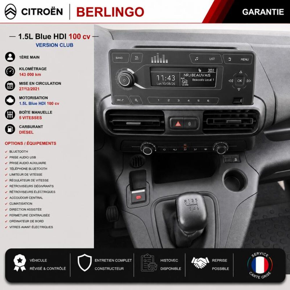 Berlingo 1&deg; Main / 1.5l B HDI 100cv Version Club CLIM/T&eacute;l/R&eacute;gul/Limit 2022 occasion 60430 Abbecourt